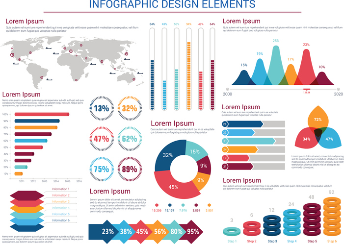 Infographics design elements with pie charts and step diagram with circles, world map with pointers and silhouettes of ships, text layouts, bar graphs and histograms. Education, presentation, business infographic themes design
